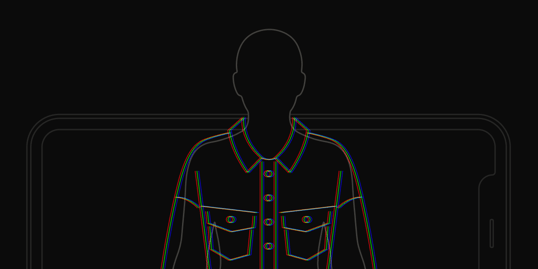 Line illustration of a person in a button-up shirt with two chest pockets, outlined in offset red, green, and blue, set inside a phone screen.