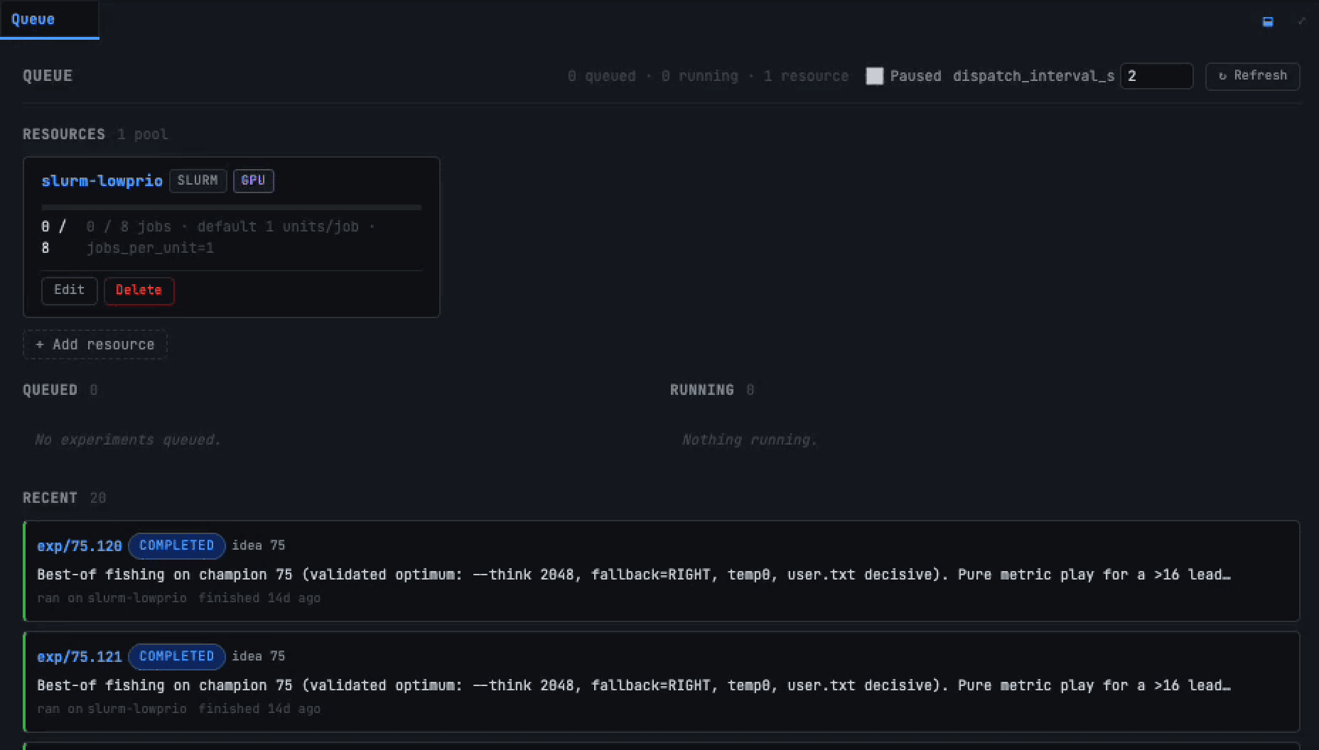 The Lab's queue interface showing a Slurm low-priority GPU pool with 8 job slots, recent cancelled experiments, and the dispatch controls that let Claude Code run experiments on otherwise idle H100 GPUs.