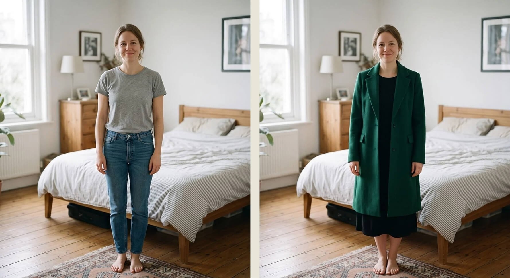 Same person in the same room and lighting, wearing a different AI-generated garment