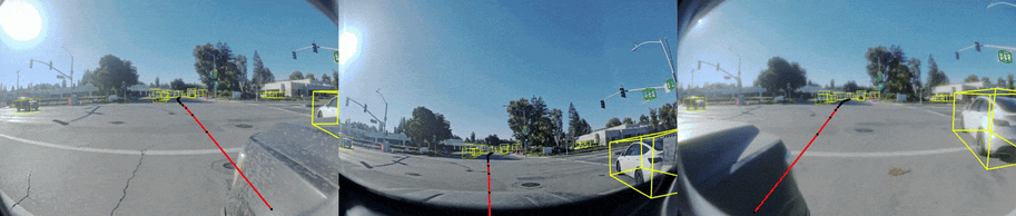 Kodiak Driver 3D bounding box detection across multiple camera views in a parking lot environment with vehicles and trailers