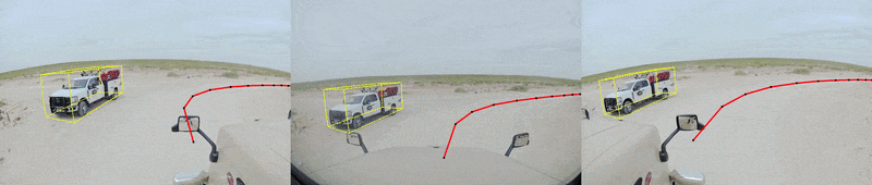 Kodiak Driver multi-camera surround view with trajectory overlay on an unpaved road