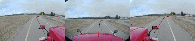Kodiak Driver highway perception visualization showing lane tracking and trajectory prediction from the truck cab