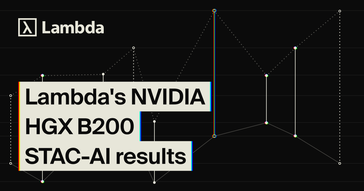 Lambda's NVIDIA HGX B200 STAC-AI LANG6 benchmark results, showing performance data points on a dark grid background.