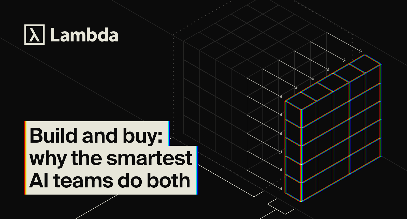 Lambda blog header on a black background: an isometric grid of cubes with one block of the array outlined in bright RGB color, beside the headline 