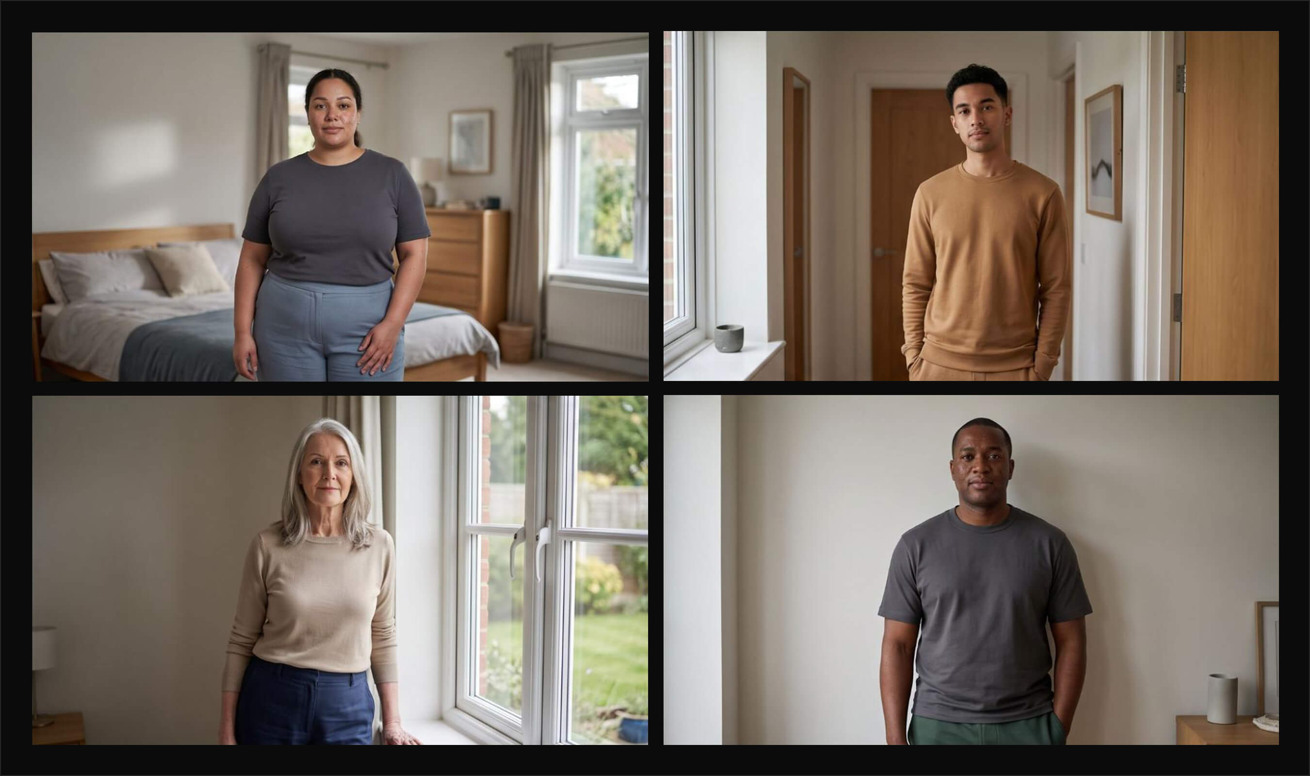 Four people of different body types and skin tones wearing garments rendered by SPREEAI's virtual try-on in everyday settings.